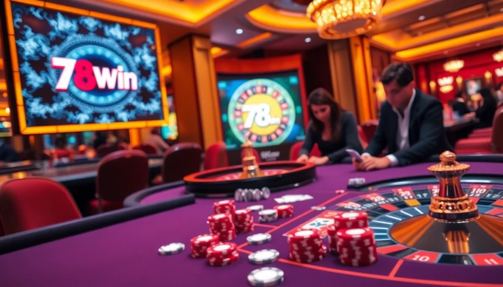 Exciting casino gaming scene highlighting 78Win poker table and roulette wheel.