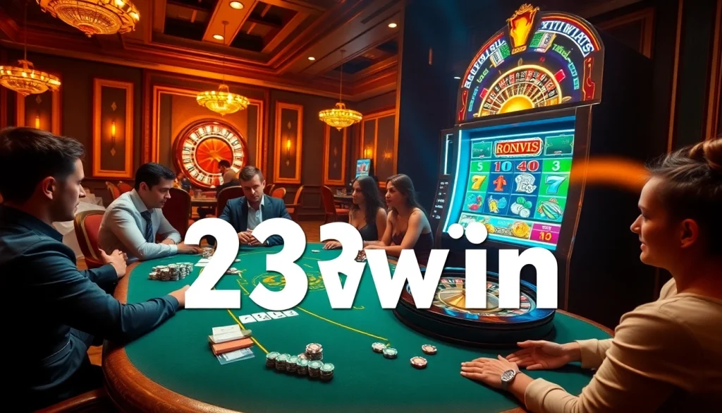 Experience thrilling gameplay at 23win with dynamic poker and roulette scenes in an upscale casino setting.