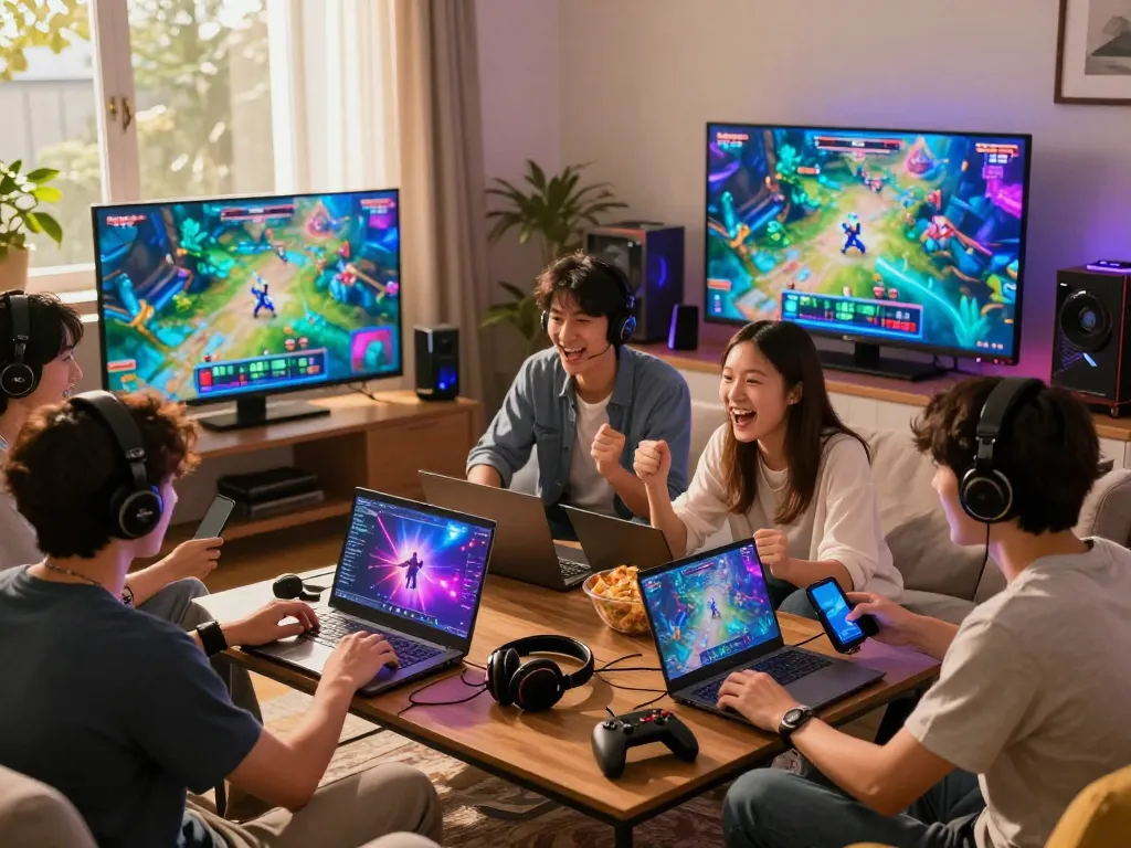 Friends enjoying a gaming session while exploring link tải rikvip mới nhất on various devices in a cozy setting.