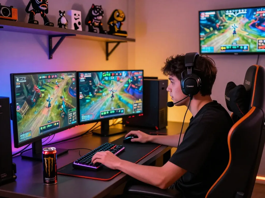 Intense gaming scene highlighting https://bomwin.jp.net/ with a dedicated player immersed in an online match.