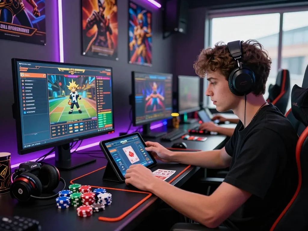 Exciting gaming scene featuring a player with a tablet ready to tải sunwin, surrounded by vibrant gaming accessories.