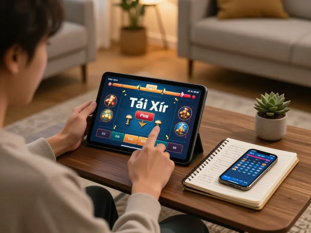 Player enjoying a trusted tài xỉu online uy tín game on tablet with strategy notes visible.