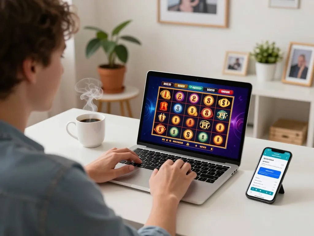 Participant playing online slots at home on https://go8.onl/ with strategic gaming apps and warm atmosphere.