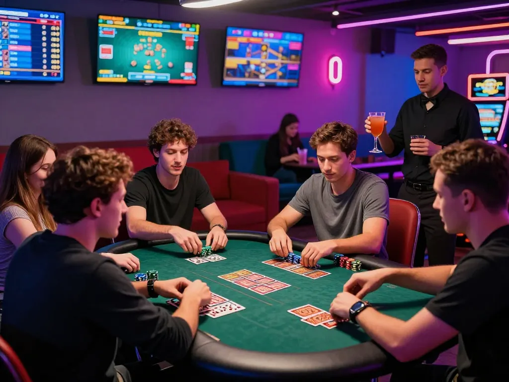 Friends enjoying intense gameplay at the 789 club gaming lounge, vibrant atmosphere and colorful decor.