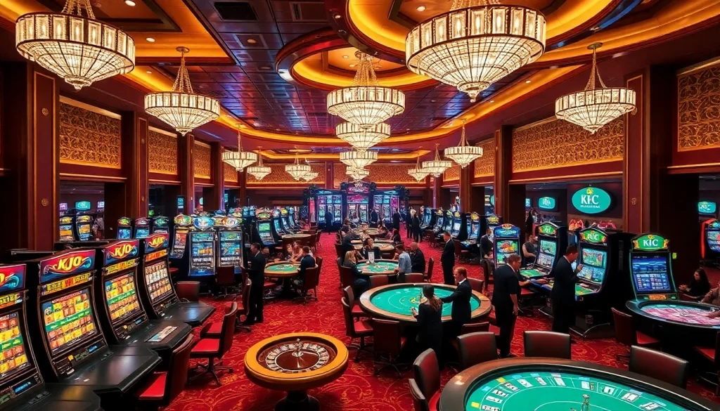 KJC gaming experience showcasing excited players at luxurious casino tables with roulette wheels.