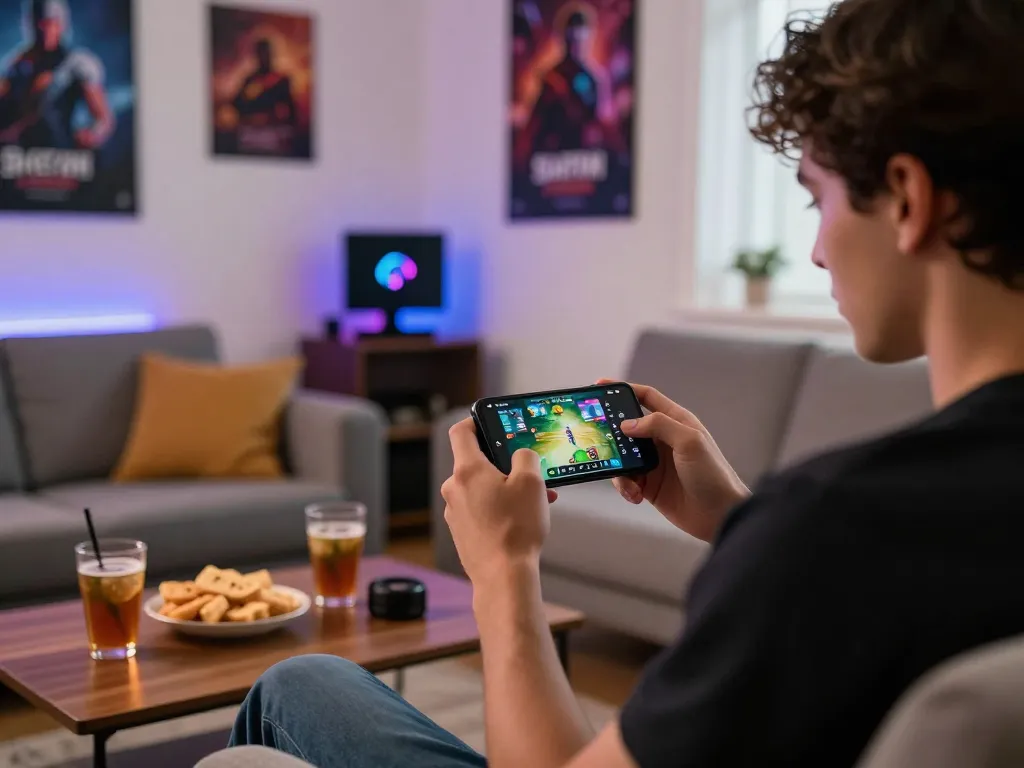 Experience of tải sunwin on a smartphone in a cozy gaming setup with snacks and lively atmosphere