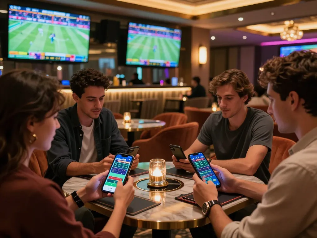 Friends strategizing bets with the Net 88 app in a stylish sports lounge atmosphere.