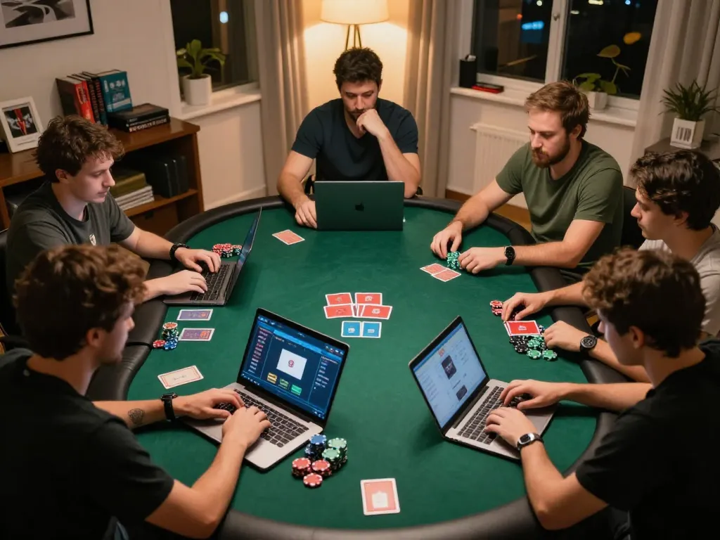 Players engaging in online poker strategies with ok365 in a cozy home setting, showing focused gameplay.