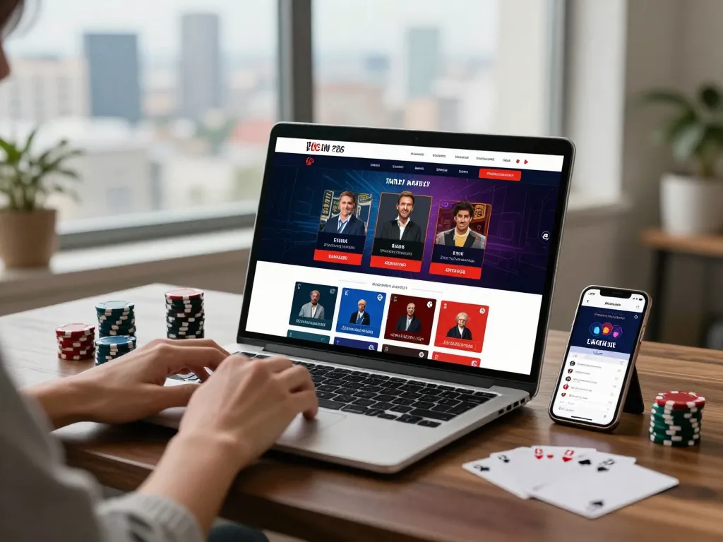 Engaging scene showing a user exploring nhà cái uy tín betting options online with poker chips and cards.