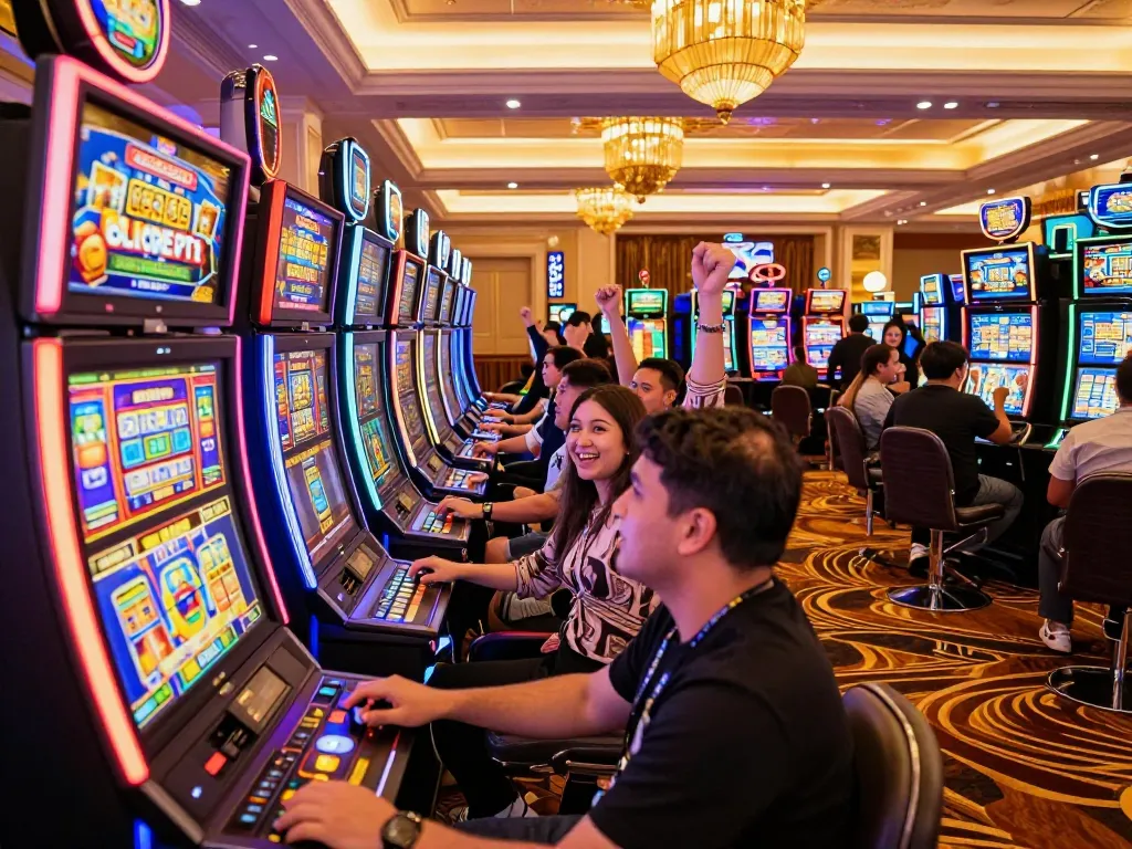 Pemain merayakan kemenangan di mesin slot rokok88 yang cerah di lingkungan kasino mewah