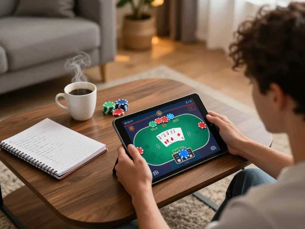 Engaging in online poker with HELLO88 app in a cozy home setting, featuring tablet and strategy notes.