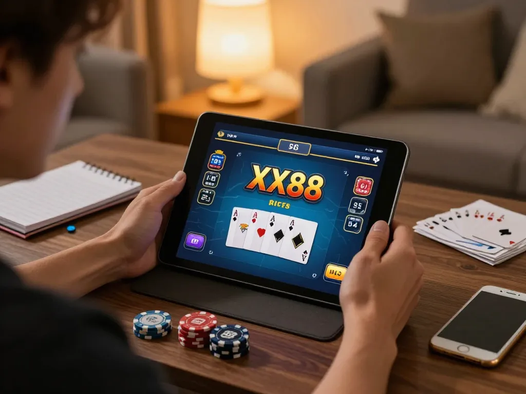 Experience XX88 thrills while playing poker online in a cozy home setting, showcasing strategy and gameplay.