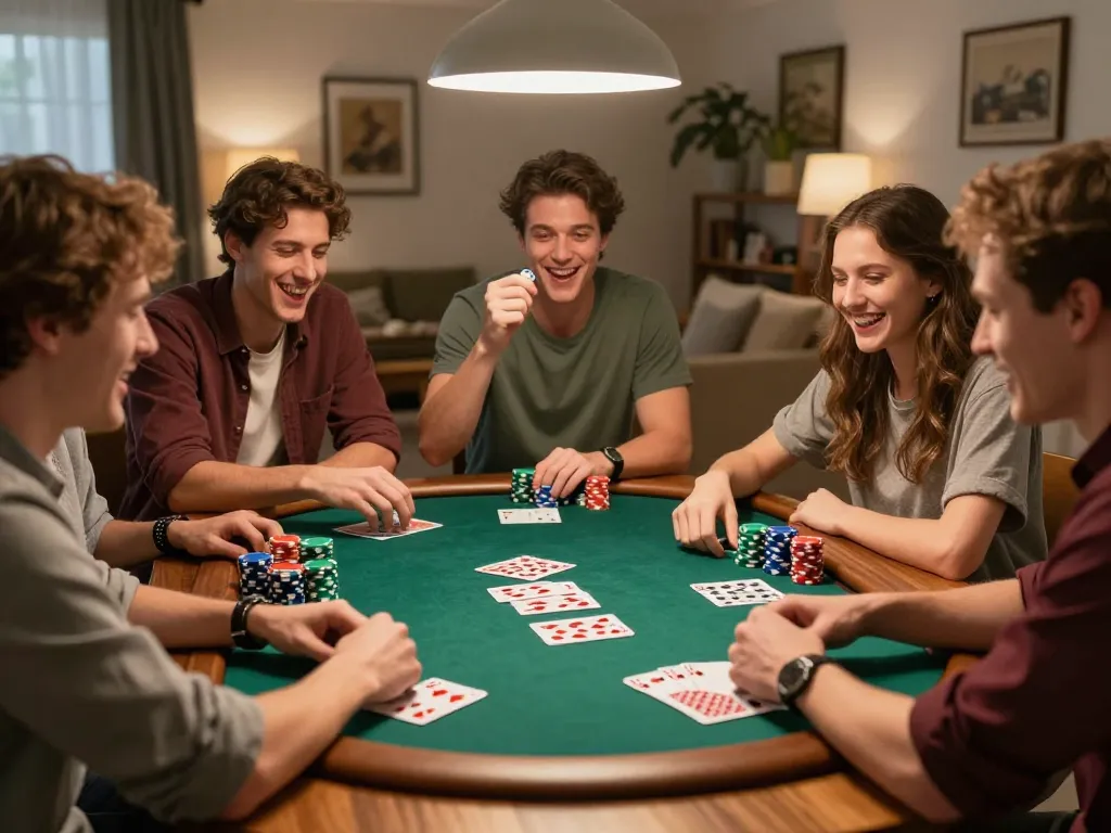 Friends enjoying a poker game with FABET chips and cards spread across the table.