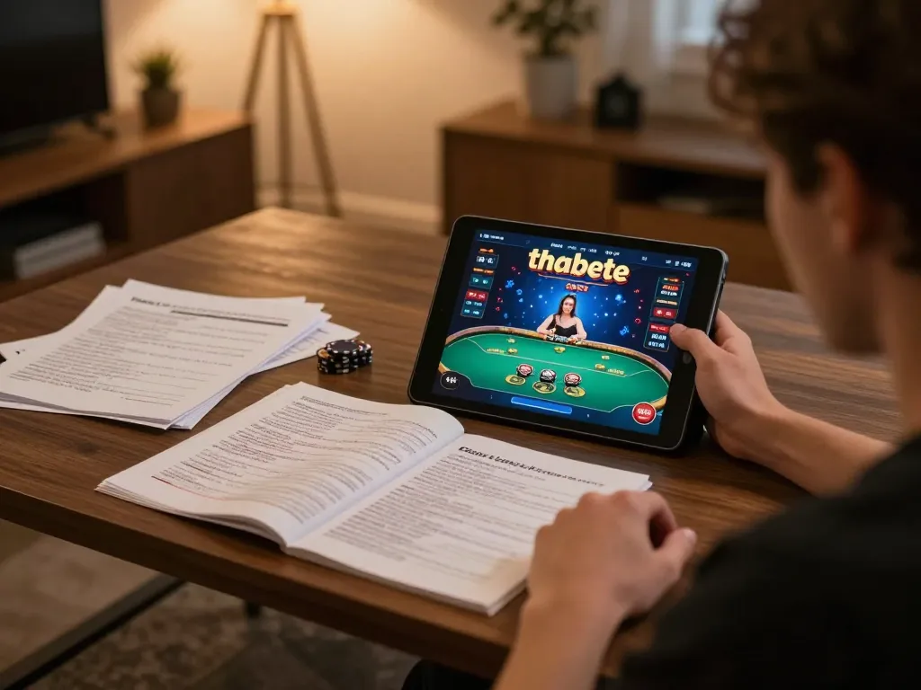 Player exploring thabete casino on a tablet, immersed in online poker excitement.