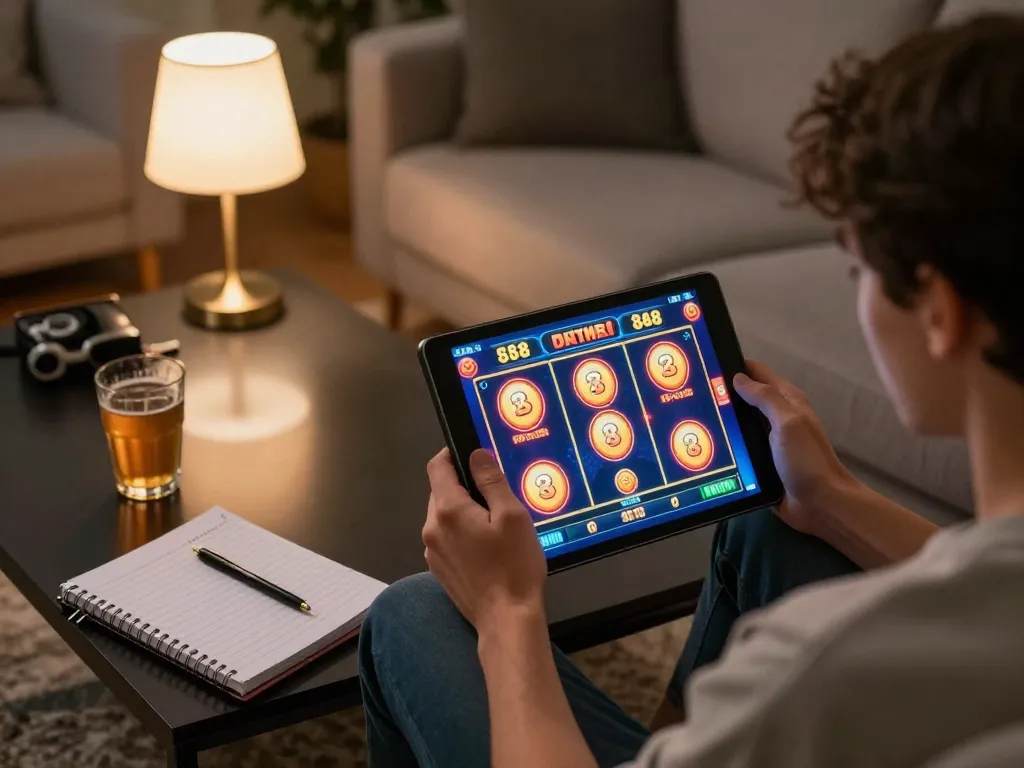 Engaging in a cozy slot88 gaming session, tracking bets while enjoying home comforts.