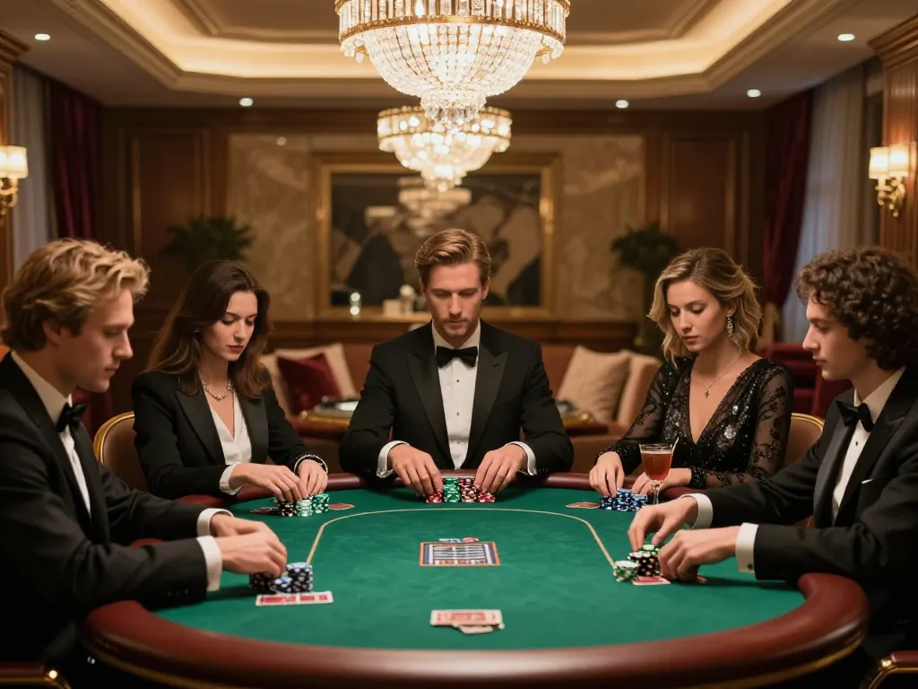 Players enjoying high-stakes poker at KU88 in an elegant VIP room, showcasing luxury atmosphere.