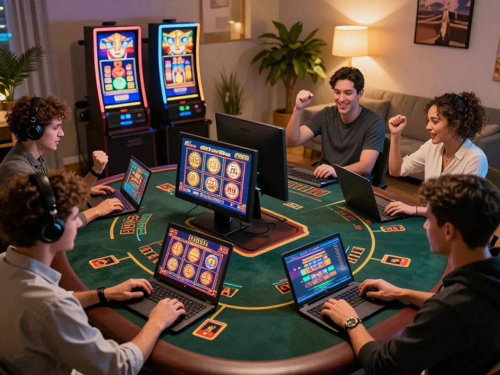 Players enjoying diverse games on 23Win online casino in a cozy home setting, showcasing vibrant graphics and excitement.