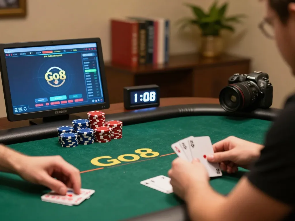 Go8 player analyzing poker cards during an intense online game session