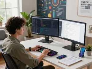 Developer immersed in coding on dual monitors at a modern workspace, embodying the innovative spirit of hbet.