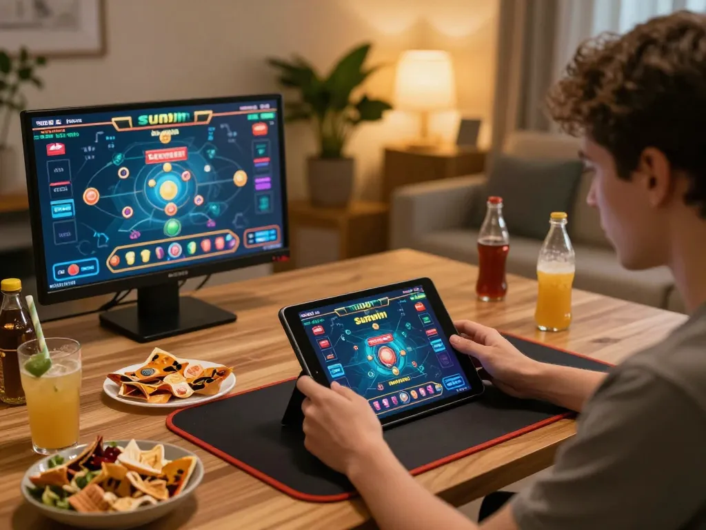 Sunwin player engaged in online gaming with tablet, focused on betting strategy and comfortable home setting.