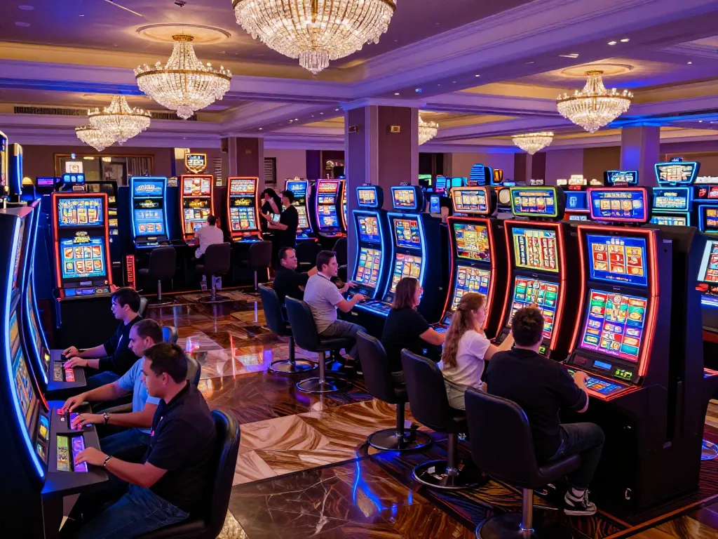 Players engaging with colorful slots at x888 casino, vibrant atmosphere and exciting winning moments