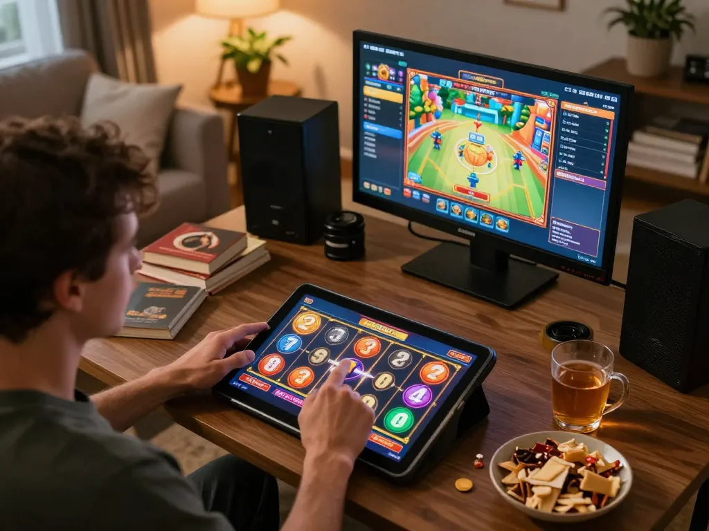 Playing slot deposit 5000 online on a tablet at home, focused on winning spin.