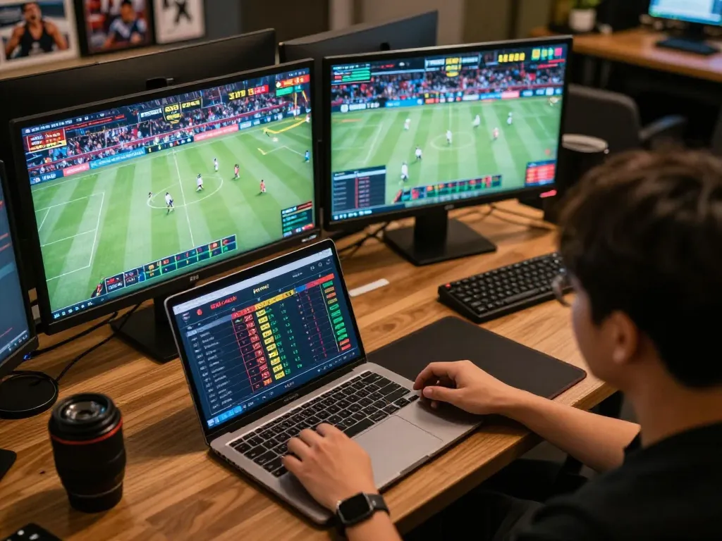 Engaged user analyzing odds and placing bets at nhà cái 5679 sports betting platform with vibrant interface.
