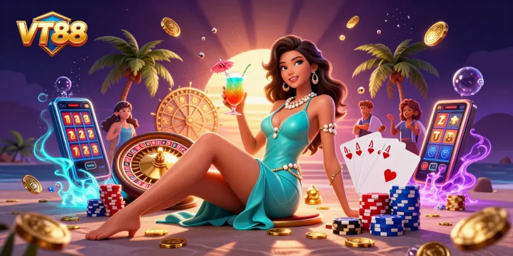 Engage with VT88's vibrant casino atmosphere featuring a glamorous scene filled with slot machines, cocktails, and golden prizes.