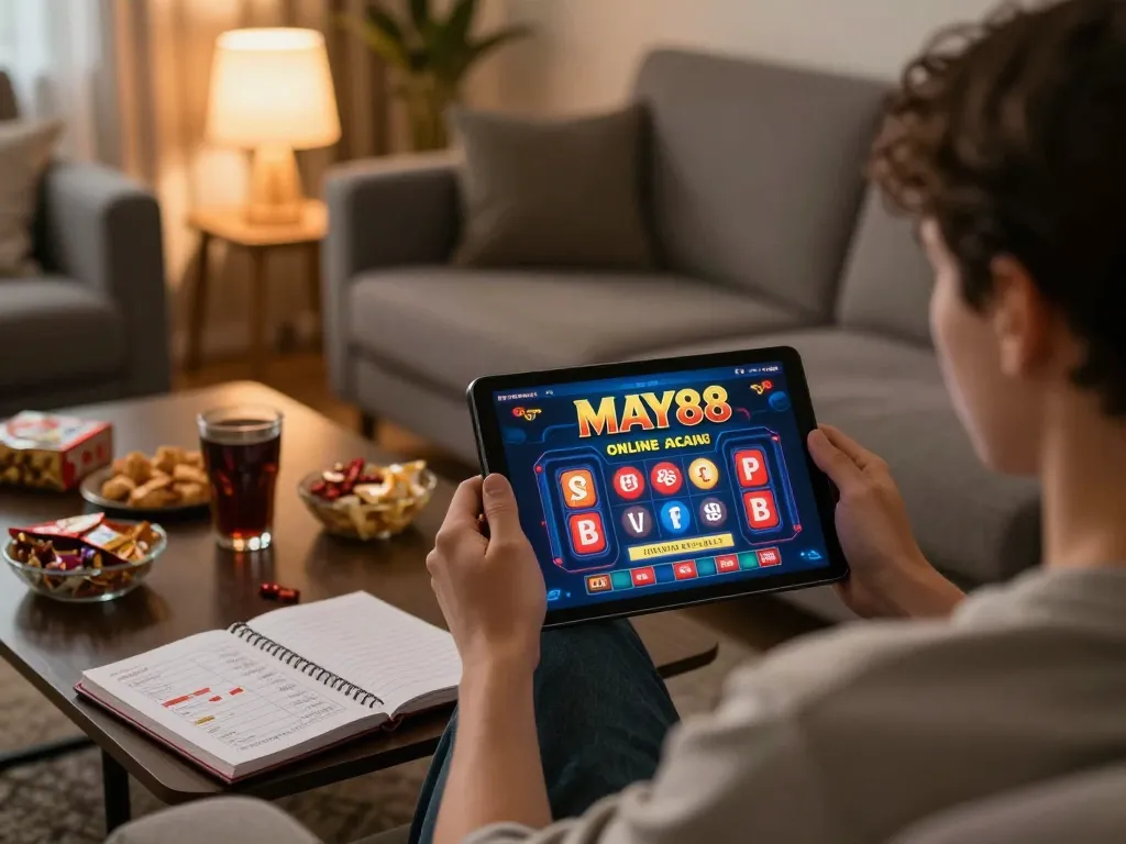 Engaged player using MAY88 online casino app at home, with strategy notes visible.