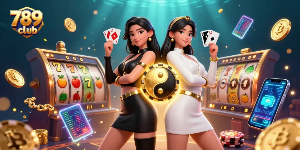 Engage with thrilling gameplay at 789club featuring stunning twin Asian women, cards, and vibrant casino elements.