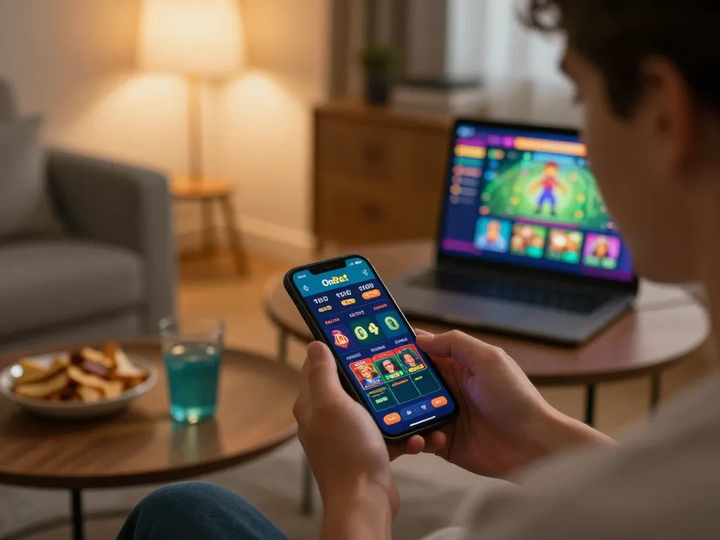 Player engaging with OnBet app for mobile gaming in a cozy living room setting.