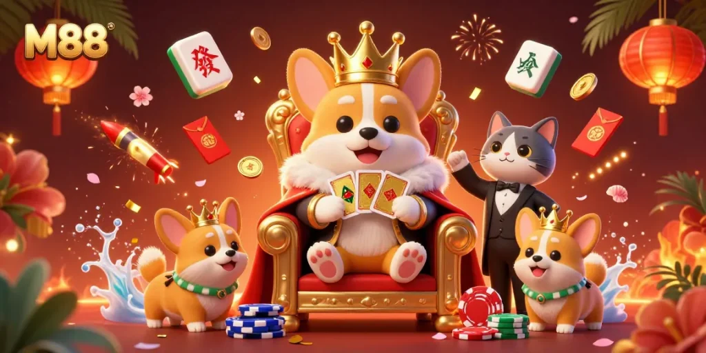 M88 offers thrilling gameplay with a royal corgi on a poker chips throne in a vibrant casino scene.