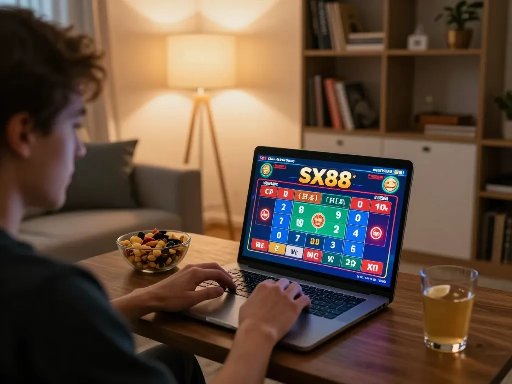 SX88 online player engaging in casino game strategy at home, showcasing cozy gaming atmosphere