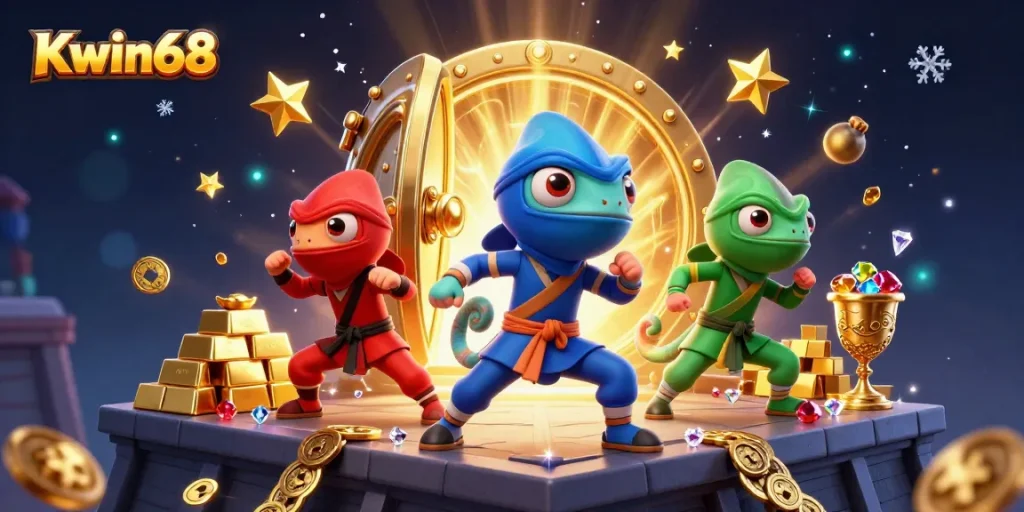 Kwin68 engages players with a lively 3D illustration of ninja chameleons in a vibrant casino scene, showcasing synchronized action and treasure elements.