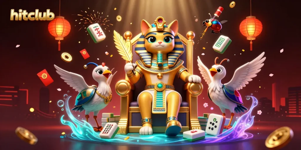 Engage with hitclub's thrilling gaming experience through vibrant 3D illustration featuring Egyptian-themed characters and casino elements.