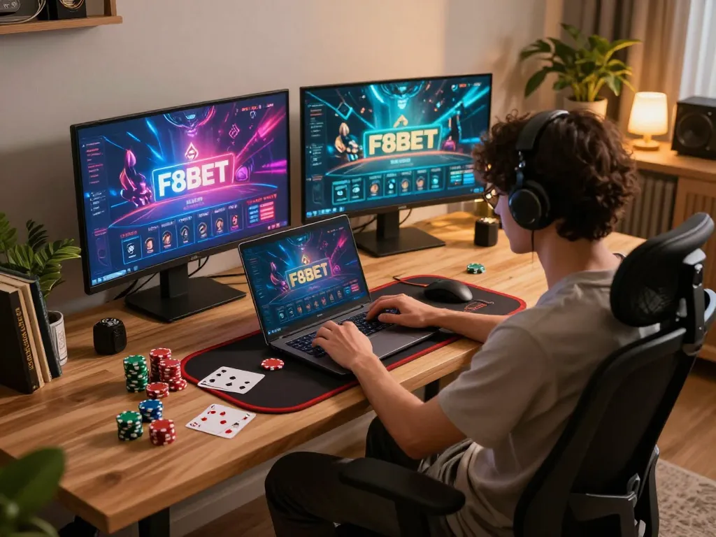 Engaged player utilizing F8BET for online gaming, showcasing an inviting and modern gaming environment