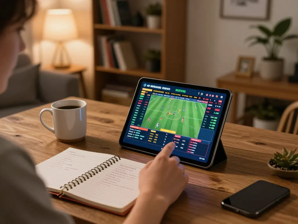 bong888 sports betting on tablet in a cozy home office with betting notes.