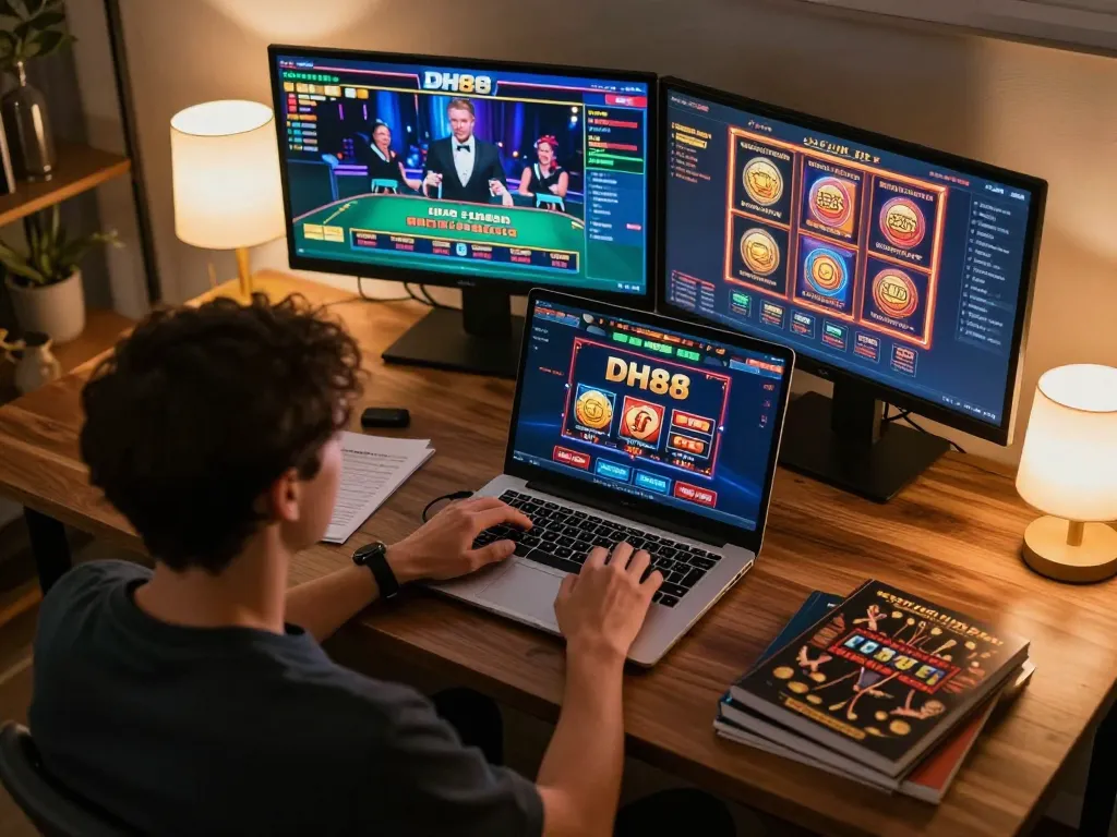 Player engaging with DH88 online casino on laptop in cozy home setting.