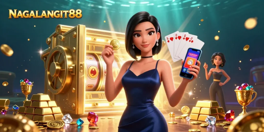 NAGALANGIT88 showcases a confident woman winning at slot games, surrounded by treasures and casino elements.