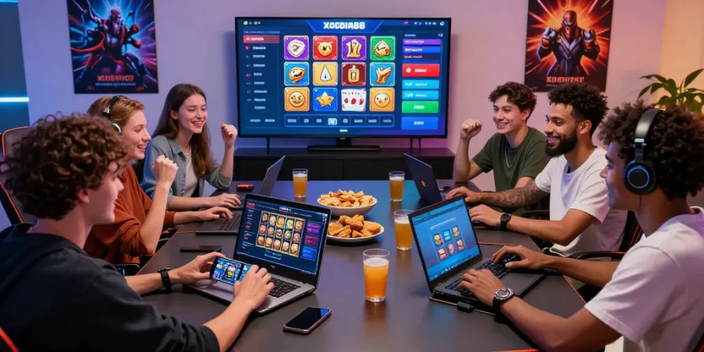 Exciting scene of friends enjoying XOCDIA88 online gaming on smartphones and laptops.