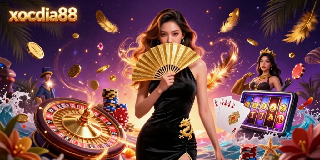 xocdia88 showcases a glamorous Asian woman at an online casino, surrounded by vibrant game elements.