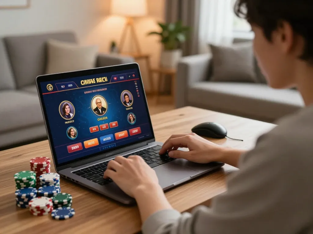 Engaged player enjoying online games at mig8com from a cozy home setup, surrounded by colorful gaming elements.