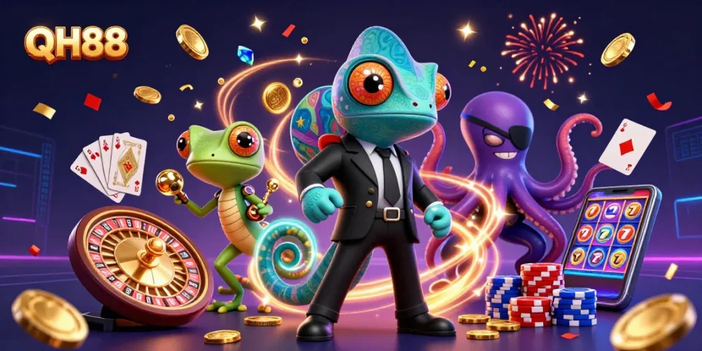 Experience thrilling excitement with QH88 as vibrant characters interact in a dynamic casino scene.