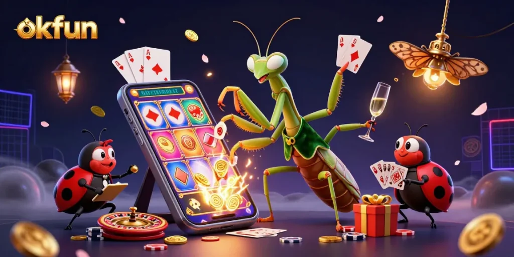 Experience the excitement of okfun with vibrant slot games, cheerful characters, and dynamic gambling elements.