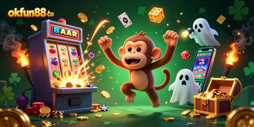 Win big with the playful characters in this dynamic scene featuring okfun88 co's vibrant casino games.