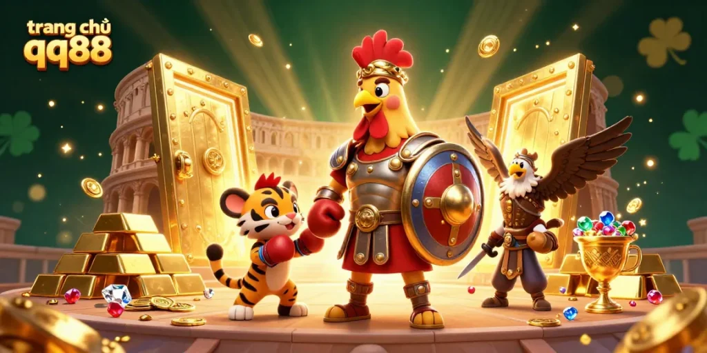 Engage with trang chủ qq88 through a vibrant, action-packed 3D illustration featuring a cartoon gladiator rooster and treasures.