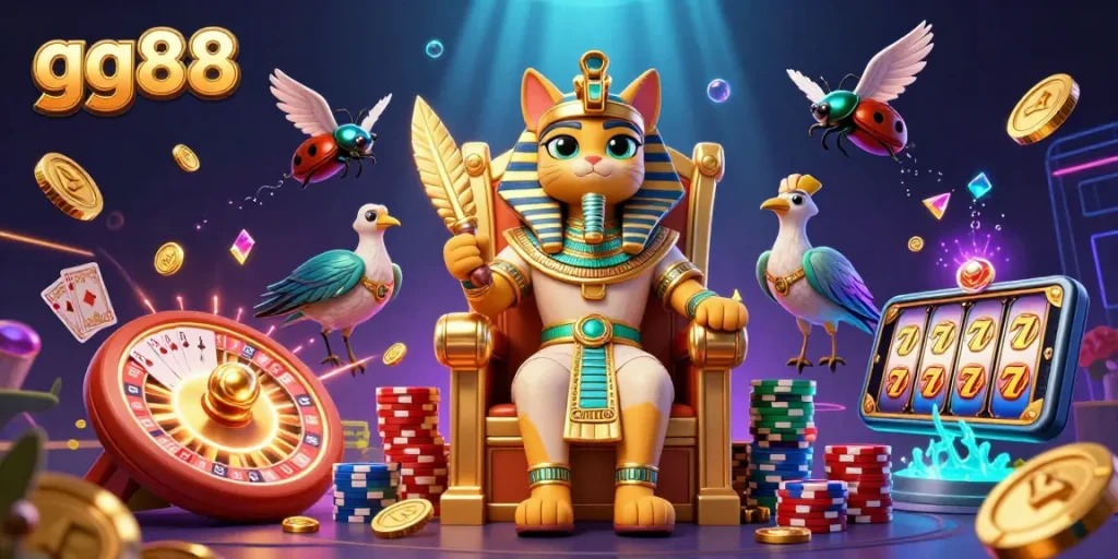 Experience winning moments at gg88 with a dynamic illustration of a pharaoh cat amidst casino excitement.