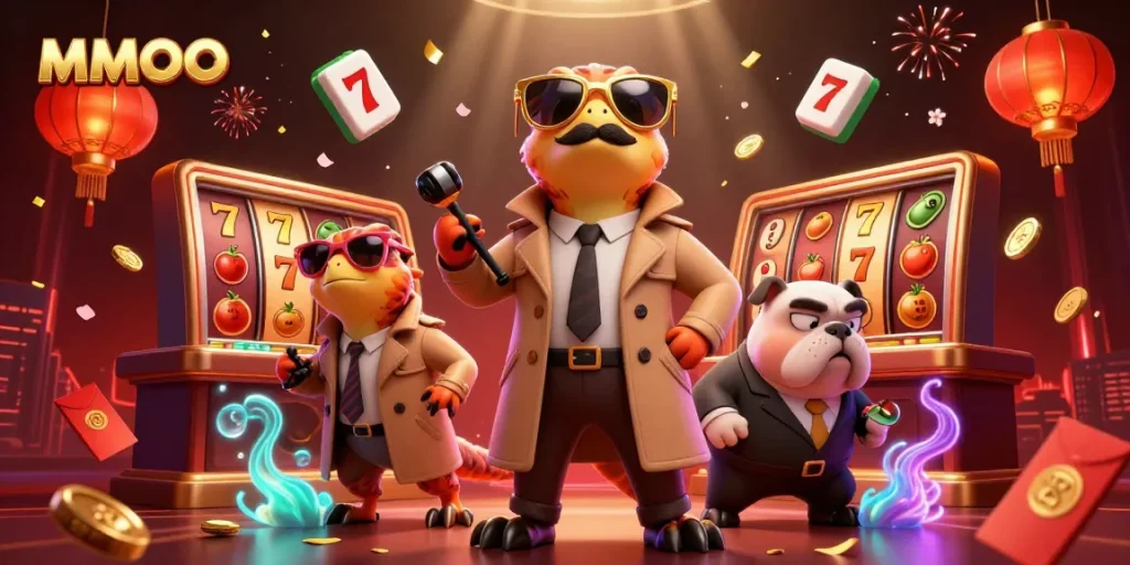 MMOO raptors sneak into a VIP casino, evoking luck with vibrant gaming elements and exciting atmosphere.