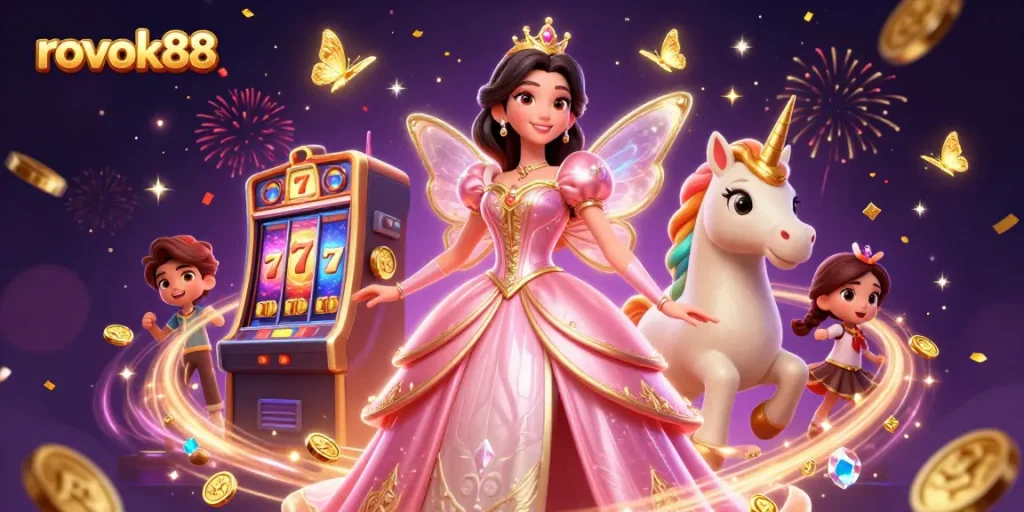 Experience the magic of rokok88 with a glamorous illustration featuring a lucky princess and gaming symbols.
