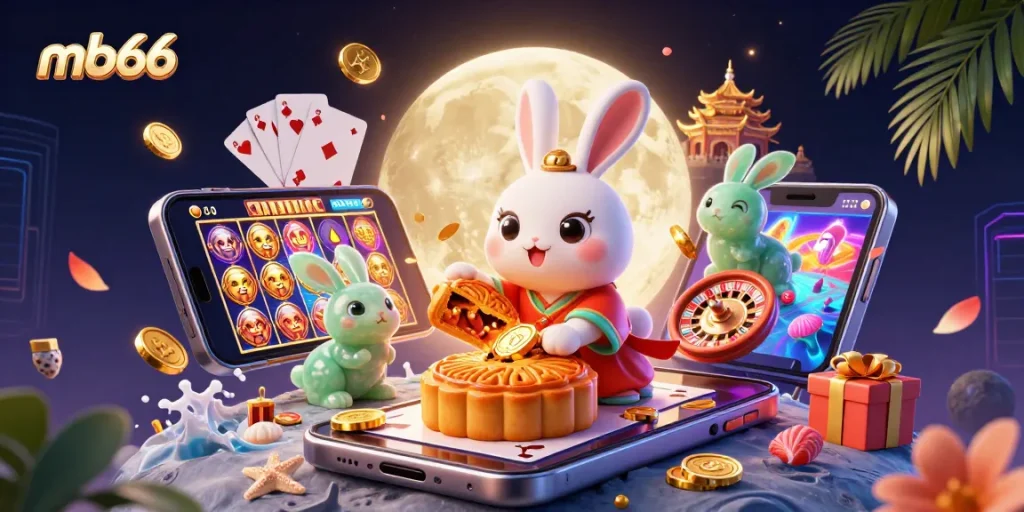 Experience thrilling gaming at mb66 with a vibrant 3D illustration of casino elements.